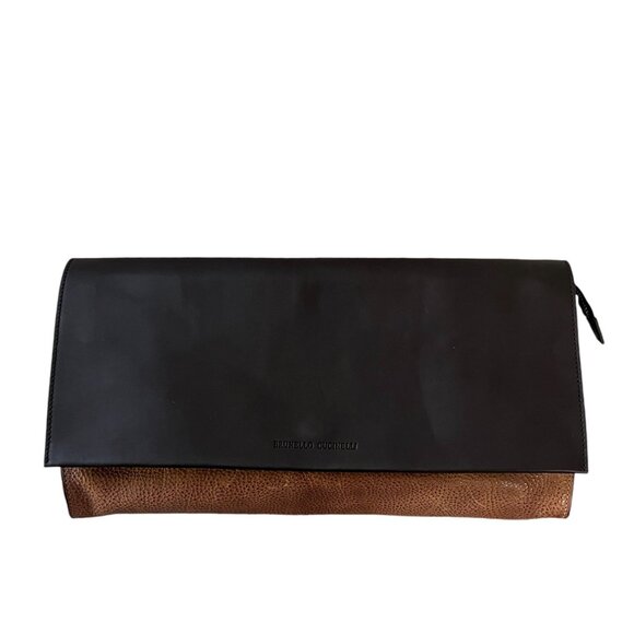 Brunello Cucinelli Leather Clutch Colorblock Brown Tan NWT - Picture 9 of 16